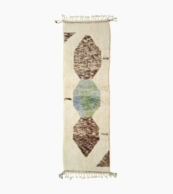 Top View of Orin handmade Beni Mrirt wool runner with an abstract diamond design in brown, green, and ivory