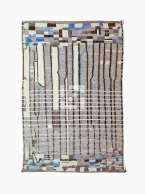 Top View of Orin handmade Azilal wool rug with an abstract linear design in gray, brown, ivory, and light blue