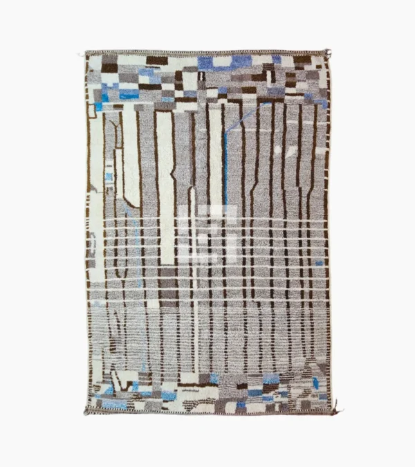 Top View of Orin handmade Azilal wool rug with an abstract linear design in gray, brown, ivory, and light blue