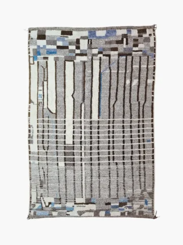 Top View of Orin handmade Azilal wool rug with an abstract linear design in gray, brown, ivory, and light blue