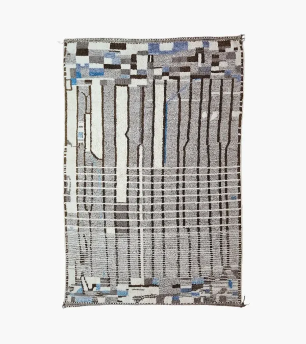 Top View of Orin handmade Azilal wool rug with an abstract linear design in gray, brown, ivory, and light blue