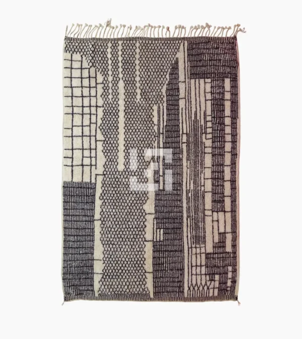 Top View of Riad handmade Moroccan wool rug with an intricate black and ivory textured design