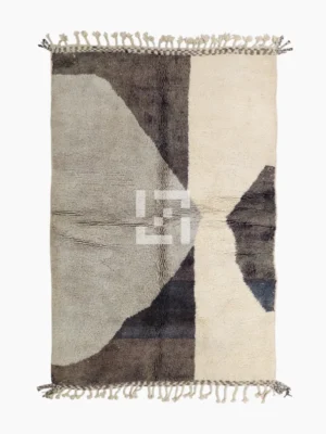 Top View of Rita handmade Beni Mrirt wool rug with a modern abstract design in shades of charcoal gray, light gray, and ivory