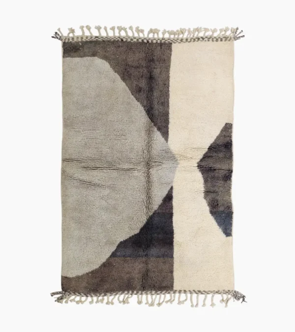 Top View of Rita handmade Beni Mrirt wool rug with a modern abstract design in shades of charcoal gray, light gray, and ivory