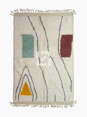 Top View of Salma handmade Azilal wool rug with a minimalist geometric design featuring a yellow triangle, teal rectangle, and burgundy rectangle on an ivory background