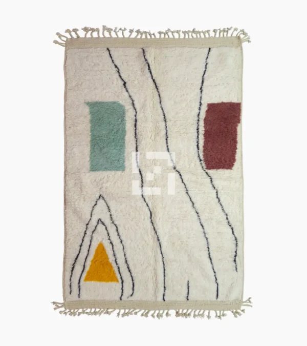 Top View of Salma handmade Azilal wool rug with a minimalist geometric design featuring a yellow triangle, teal rectangle, and burgundy rectangle on an ivory background