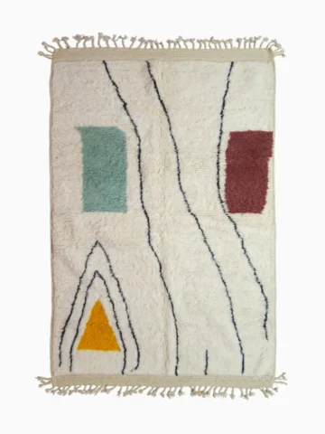 Top View of Salma handmade Azilal geometric wool rug with a minimalist geometric design featuring a yellow triangle, teal rectangle, and burgundy rectangle on an ivory background