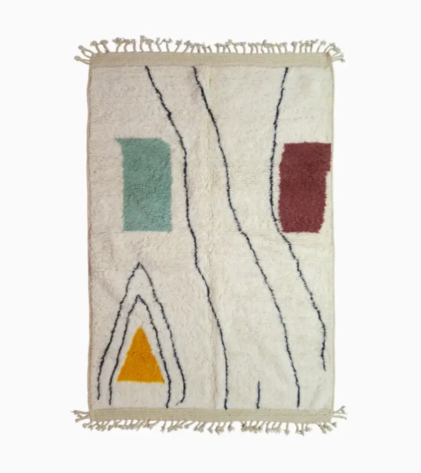 Top View of Salma handmade Azilal geometric wool rug with a minimalist geometric design featuring a yellow triangle, teal rectangle, and burgundy rectangle on an ivory background