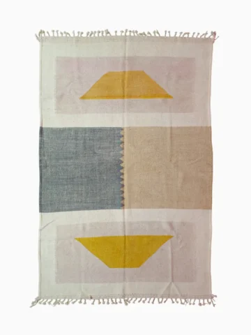 Top View of Sana handmade Kilim flatweave wool geometric rug with color blocks in off-white, teal, and beige, with yellow trapezoids