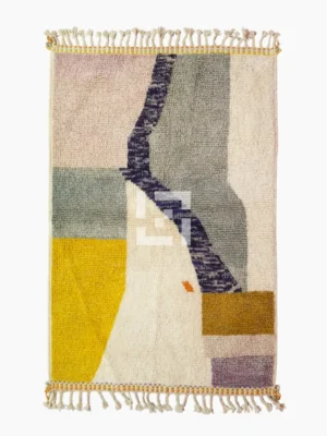 Top View of Sanaa handmade Beni Ourain wool rug with a contemporary abstract design in multicolor hues including lavender, grayish-green, mustard yellow, dark teal, and golden brown