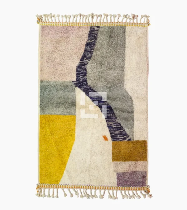 Top View of Sanaa handmade Beni Ourain wool rug with a contemporary abstract design in multicolor hues including lavender, grayish-green, mustard yellow, dark teal, and golden brown