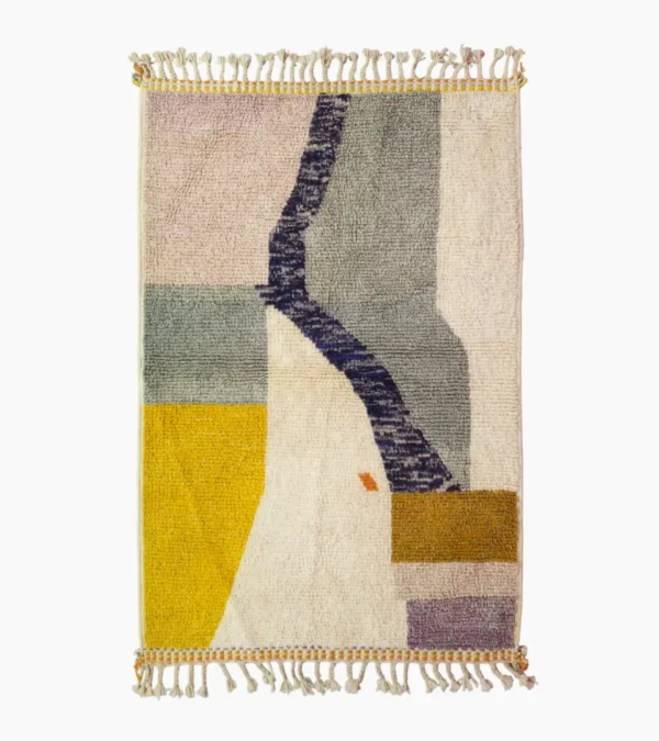 Top View of Sanaa handmade Beni Ourain wool rug with a contemporary abstract design in multicolor hues including lavender, grayish-green, mustard yellow, dark teal, and golden brown