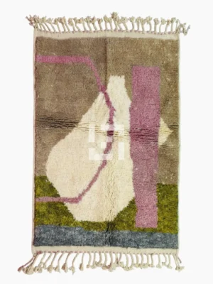 Top View of Sary handmade Moroccan wool rug with an abstract boho design in earthy colors