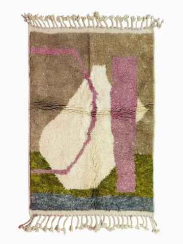 Top View of Sary handmade Moroccan wool rug with an abstract boho design in earthy colors