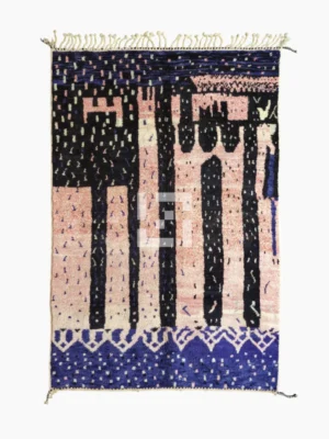 Top View of Handmade Moroccan wool rug with an abstract geometric design in pink, blue, and black