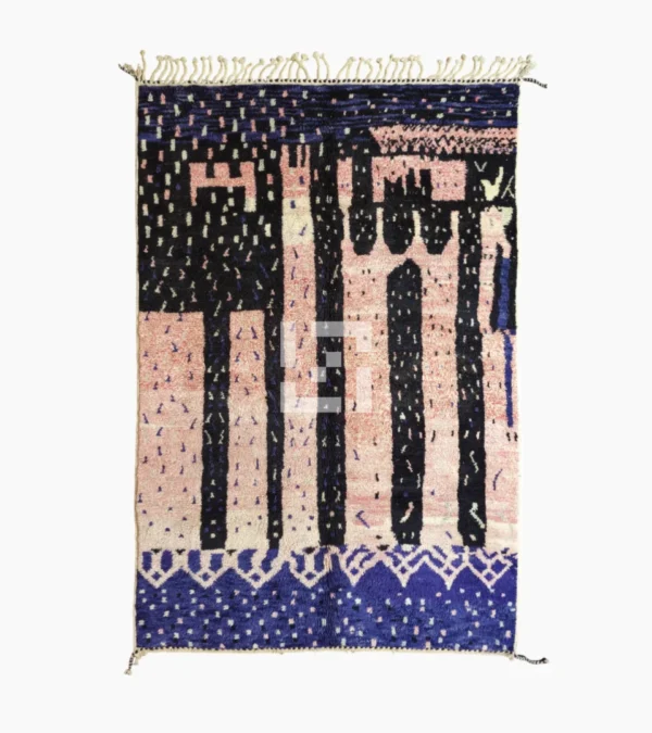 Top View of Handmade Moroccan wool rug with an abstract geometric design in pink, blue, and black