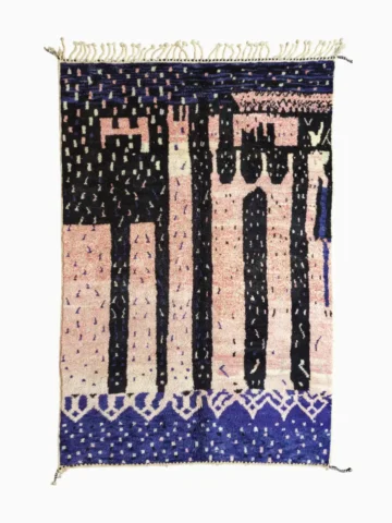 Top View of Handmade Moroccan wool rug with an abstract geometric design in pink, blue, and black