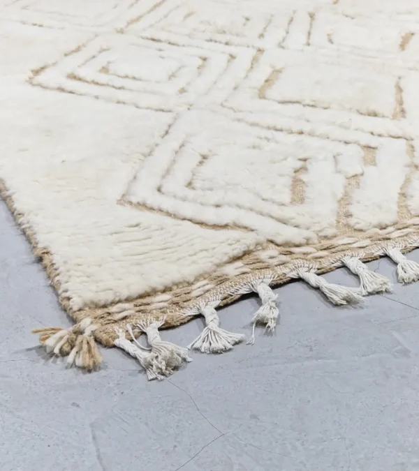 Detailed View of Sirine handmade Beni Ourain wool rug with a classic trellis pattern and a raised, textured pile
