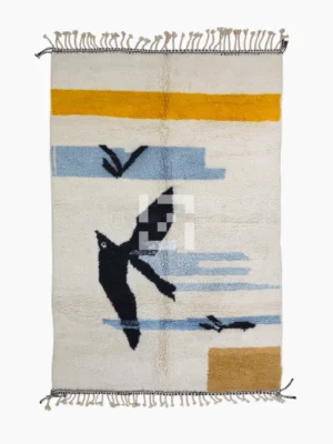 top view of sSofia handmade Moroccan wool rug with a minimalist design of abstract birds in flight