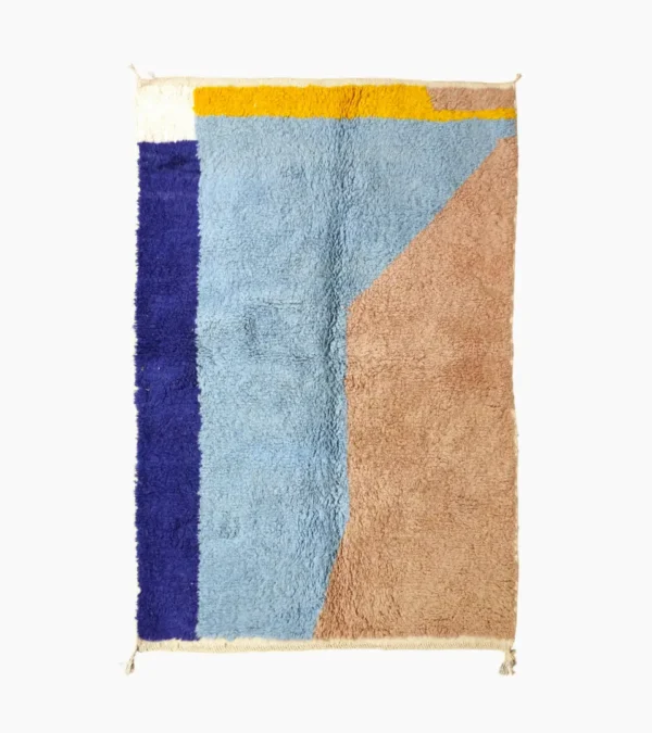 Top View of Handmade Moroccan wool rug with a geometric color-block design in blue, orange, and yellow