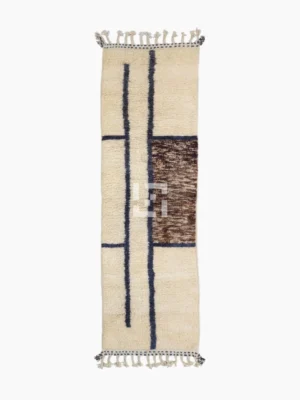 Top View of Solara handmade Beni Mrirt wool runner with a modern geometric design in brown, dusty blue, and ivory