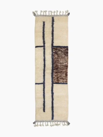 Top View of Solara handmade Beni Mrirt wool runner with a modern geometric design in brown, dusty blue, and ivory