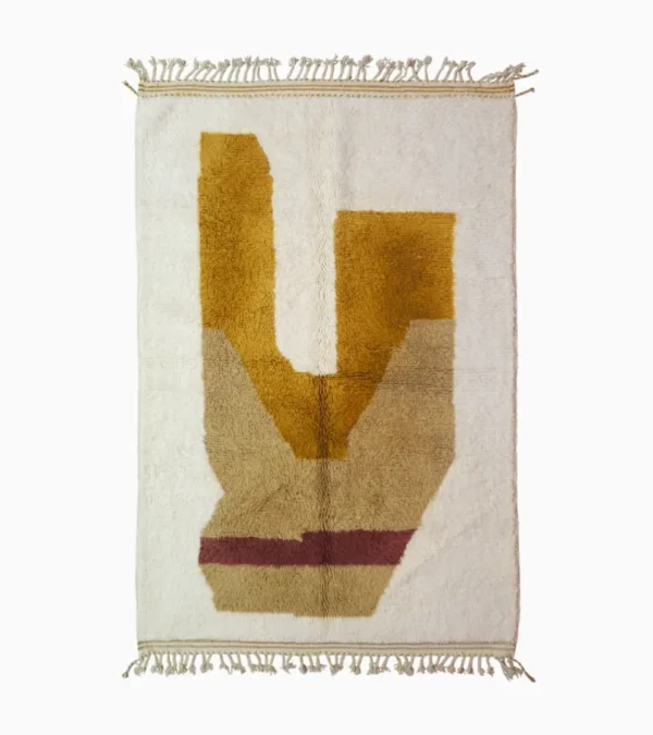 Top View of Soma handmade Beni Ourain wool rug with a modern abstract design featuring blocks of yellow, beige, and maroon