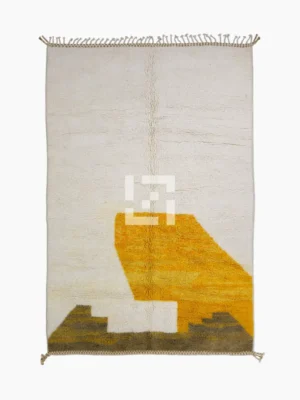 Top View of Soma handmade Beni Ourain wool rug with abstract color blocks in mustard yellow and brown