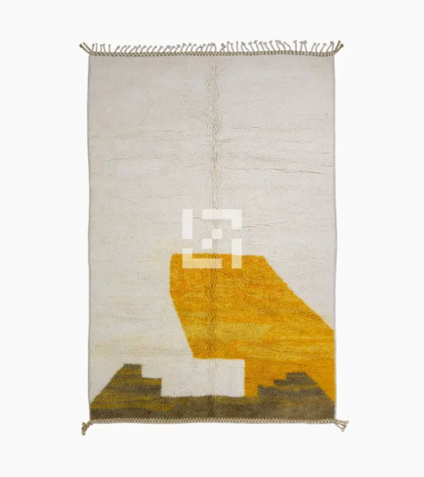 Top View of Soma handmade Beni Ourain wool rug with abstract color blocks in mustard yellow and brown