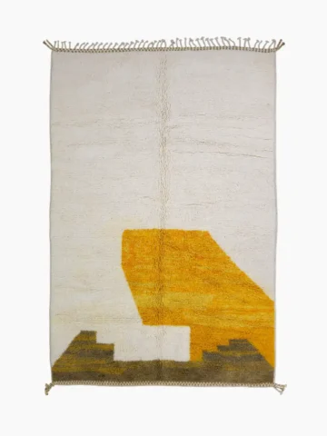 Top View of Soma handmade moroccan geometric rug with abstract color blocks in mustard yellow and brown