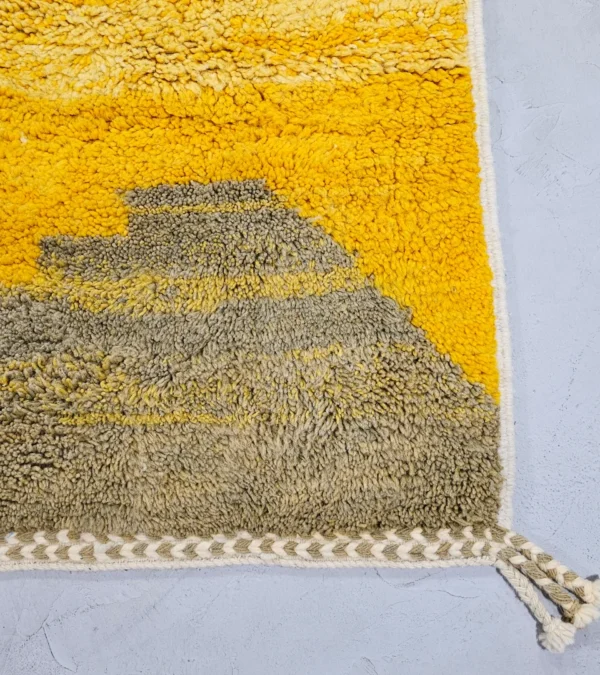 Detailed View of Soma handmade Beni Ourain wool rug with abstract color blocks in mustard yellow and brown