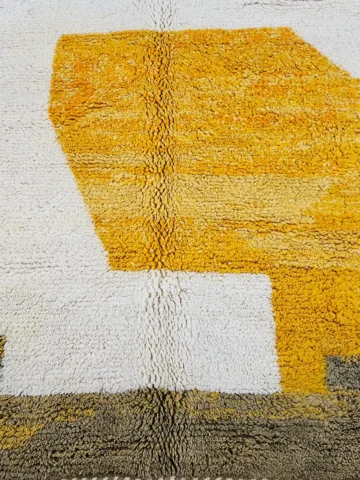 Detailed View of Soma handmade Beni Ourain wool rug with abstract color blocks in mustard yellow and brown