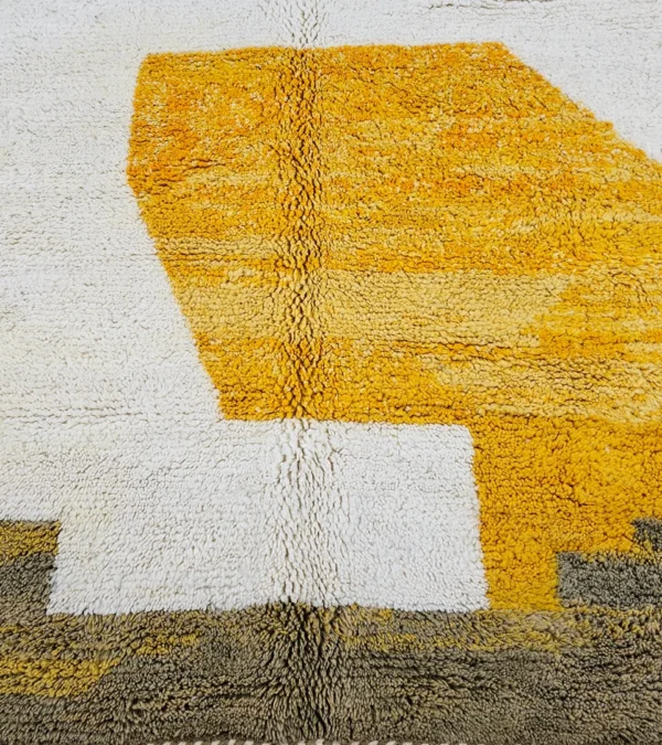 Detailed View of Soma handmade Beni Ourain wool rug with abstract color blocks in mustard yellow and brown