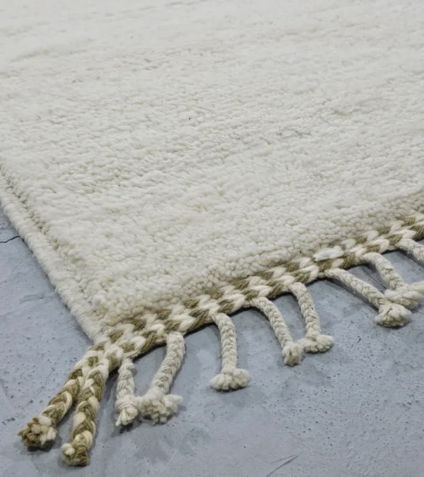 Detailed View of Soma handmade Beni Ourain wool rug with abstract color blocks in mustard yellow and brown