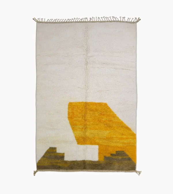 Top View of Soma handmade moroccan geometric rug with abstract color blocks in mustard yellow and brown