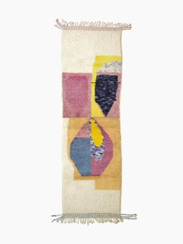 Top View of Soraya handmade Azilal wool runner with an abstract geometric design in pink, yellow, blue, and navy