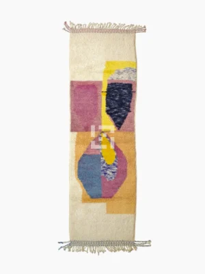Top View of Soraya handmade Azilal wool runner with an abstract geometric design in pink, yellow, blue, and navy