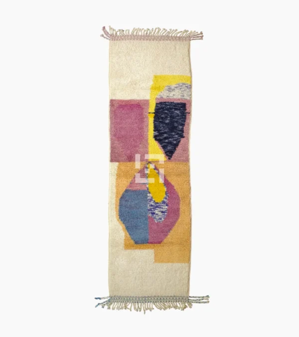 Top View of Soraya handmade Azilal wool runner with an abstract geometric design in pink, yellow, blue, and navy