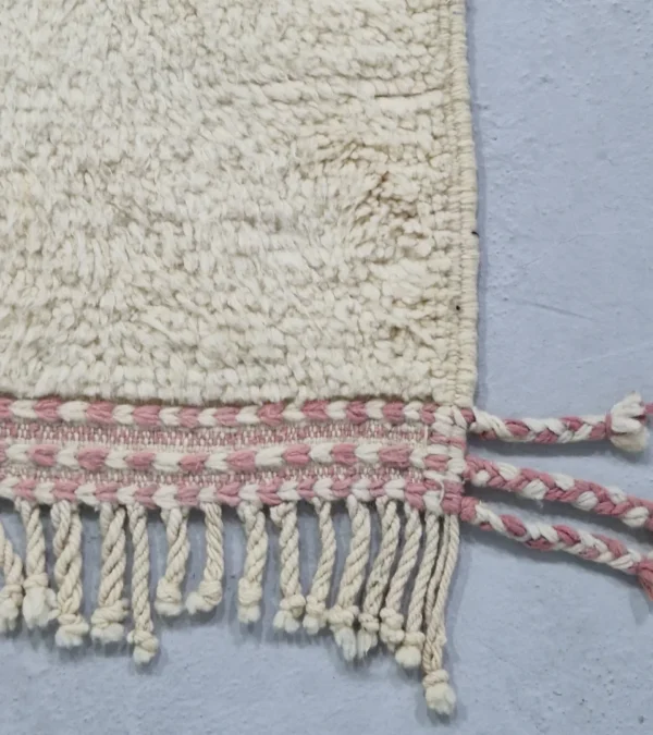 Detailed View of Soraya handmade Azilal wool runner with an abstract geometric design in pink, yellow, blue, and navy