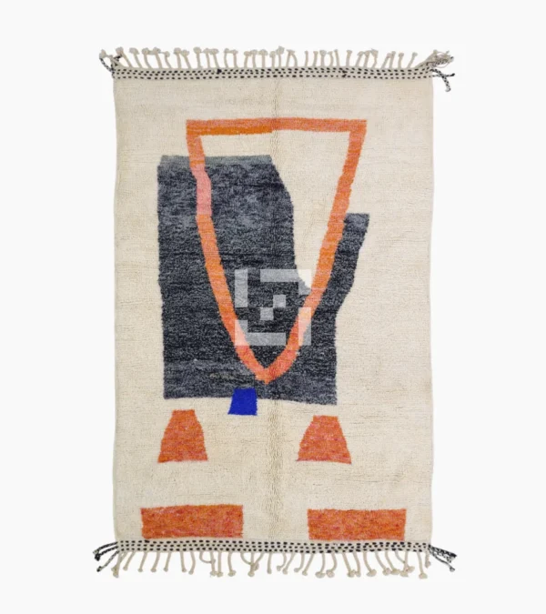 Top View of Soraya handmade Beni Ourain wool rug with a minimalist geometric design in dark gray, burnt orange, and bright blue on an ivory background