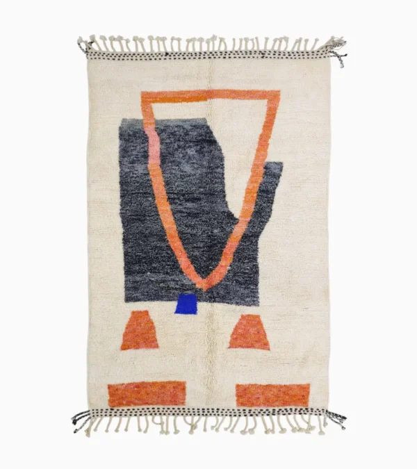 Top View of Soraya handmade Beni Ourain wool rug with a minimalist geometric design in dark gray, burnt orange, and bright blue on an ivory background