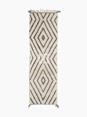 Top View of Suzan handmade Beni Ourain wool runner with a trellis and textured high-low pile design in black and ivory