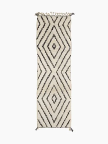 Top View of Suzan handmade Beni Ourain wool runner with a trellis and textured high-low pile design in black and ivory