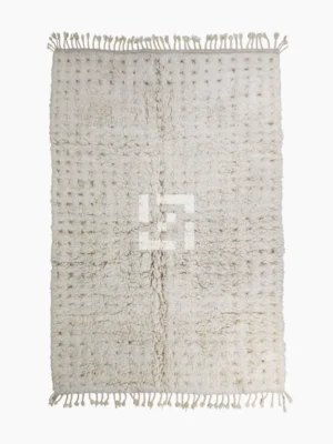 Top View of Handmade Moroccan Beni Ourain wool rug with a minimalist geometric pattern and extra soft shag pile in a natural ivory color