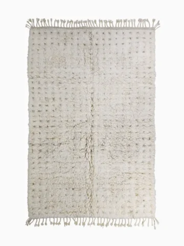 Top View of Handmade Moroccan Beni Ourain wool rug with a minimalist geometric pattern and extra soft shag pile in a natural ivory color