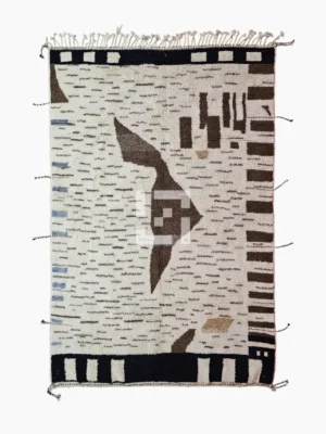 Top View of Talia handmade Beni Ourain wool rug with a textured plush design in cloud ivory, black, and brown