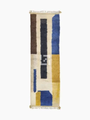 Top View of Tareen handmade Beni Ourain wool runner with a colorful lines design in brown, teal-blue, dusty blue, mustard yellow, and ivory