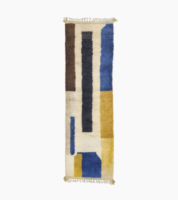 Top View of Tareen handmade Beni Ourain wool runner with a colorful lines design in brown, teal-blue, dusty blue, mustard yellow, and ivory