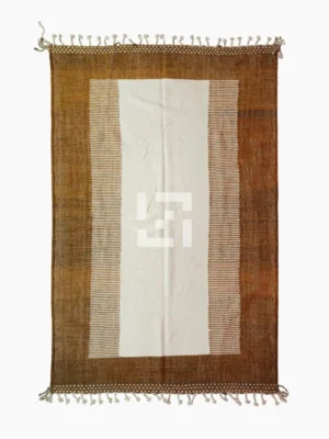 Top View of Taya handmade Kilim flatweave wool rug with a brown striped border and a large white central rectangle
