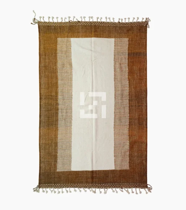 Top View of Taya handmade Kilim flatweave wool rug with a brown striped border and a large white central rectangle